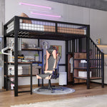 Loft Bed 90*200cm with Desk, Wardrobe and Storage Shelves, Black Iron and MDF