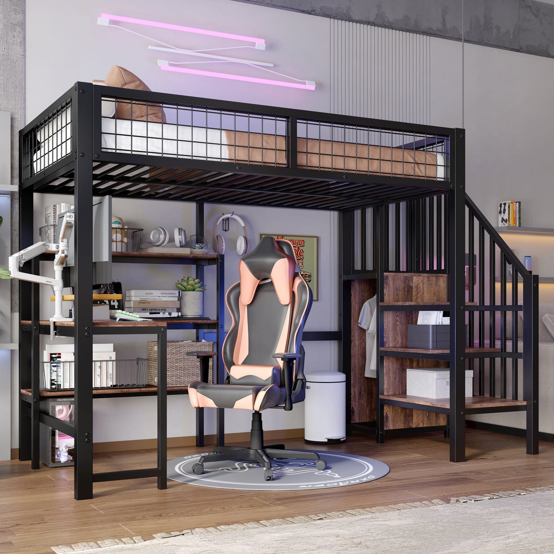 Loft Bed 90*200cm with Desk, Wardrobe and Storage Shelves, Black Iron and MDF