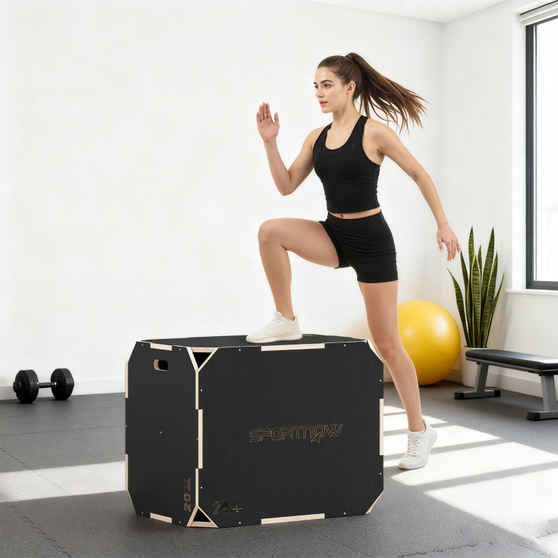 3-in-1 Plyo Box with Handle Openings and 3 Jump Heights, Wood, Black