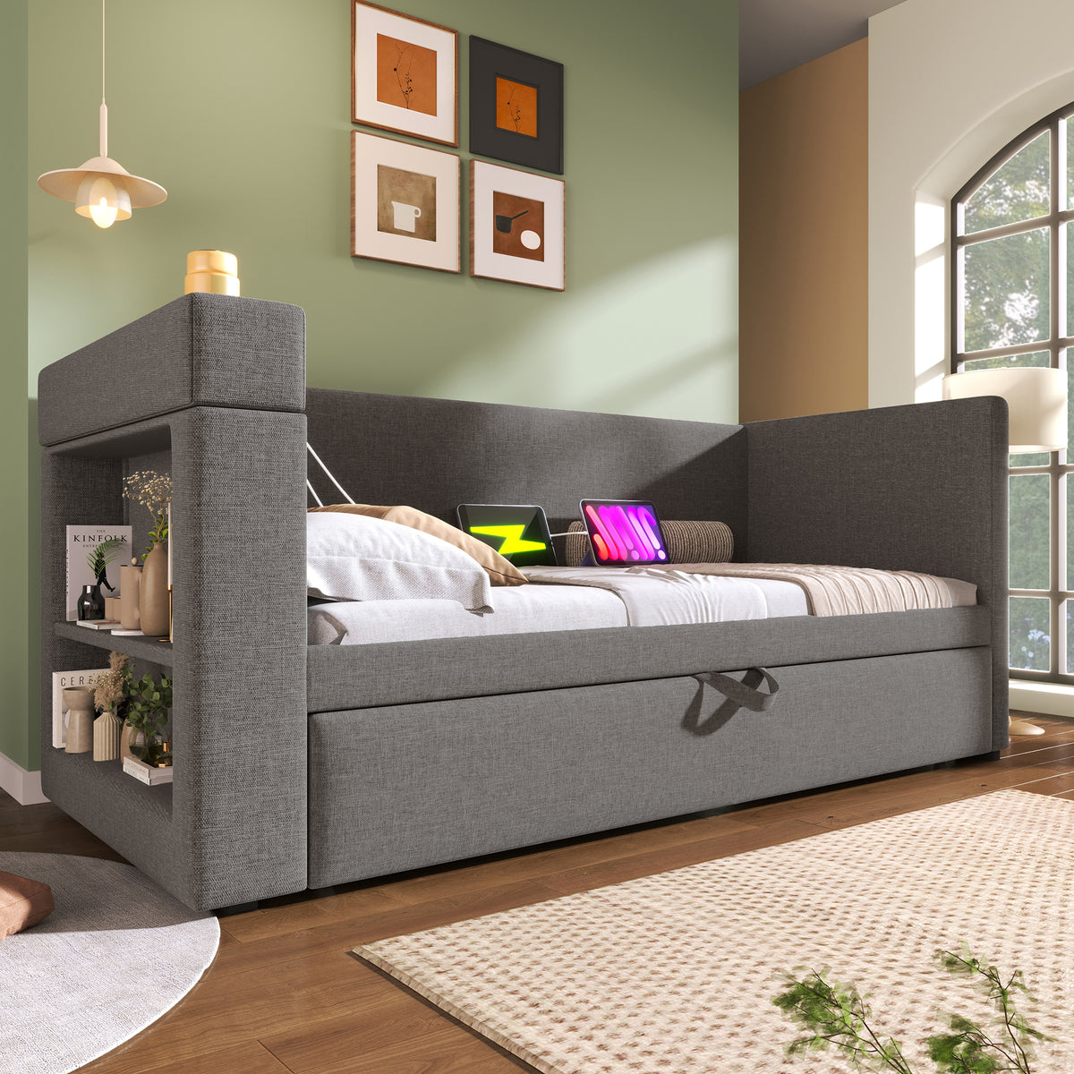 Upholstered Bed 140x200cm with USB, Storage & LED, Grey