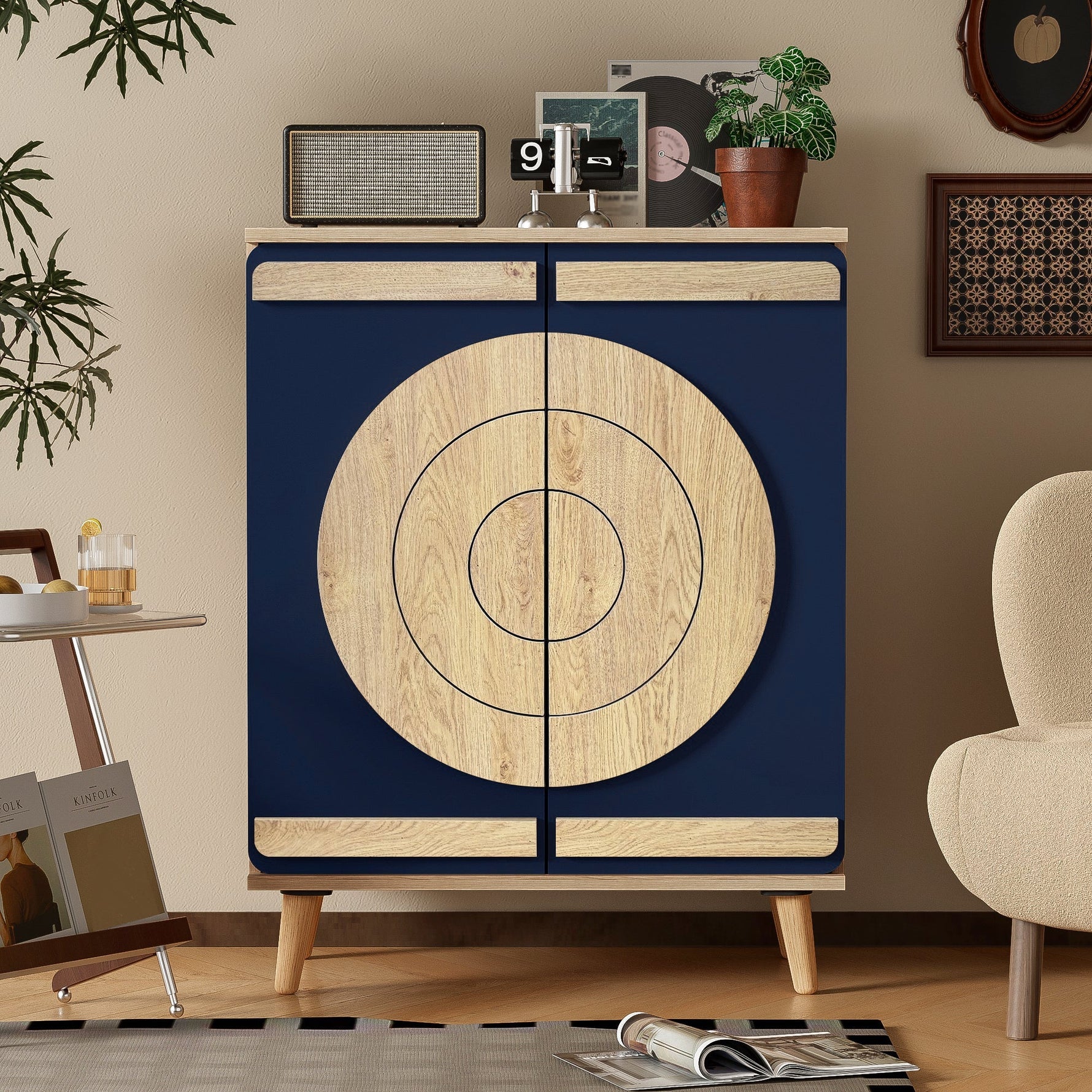 Modern Shoe Cabinet with Geometric Doors and Multi-Level Storage, Blue and Natural