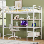Loft Bed 90x200cm with Desk, Multi-Tiered Shelf, Ladder, USB, and LED Lights, Metal White