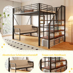 Bunk Bed with Removable Sofa and Storage Stairs, 140x200cm, Black Metal