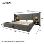 Upholstered Double Bed 180x200 with Bedside Table, Reading Lamp, USB-C Charging, Storage Frame, Solid Wood & Metal, Gray Linen
