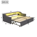 Upholstered Bed, Pull-Out Sofa Bed with Storage, LED Light, USB Port, Slatted Frame, Dark Grey