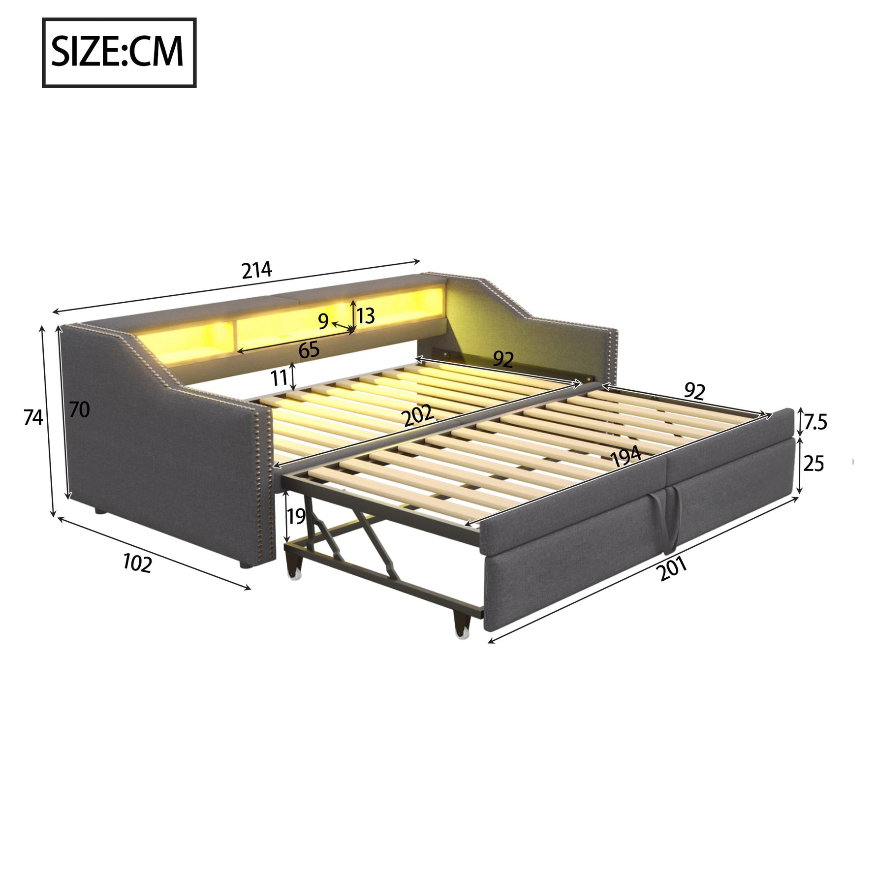 N623P307921E Sofa Bed, Pull-Out 90x200cm to 180x200cm, Upholstered with Storage/USB/LED