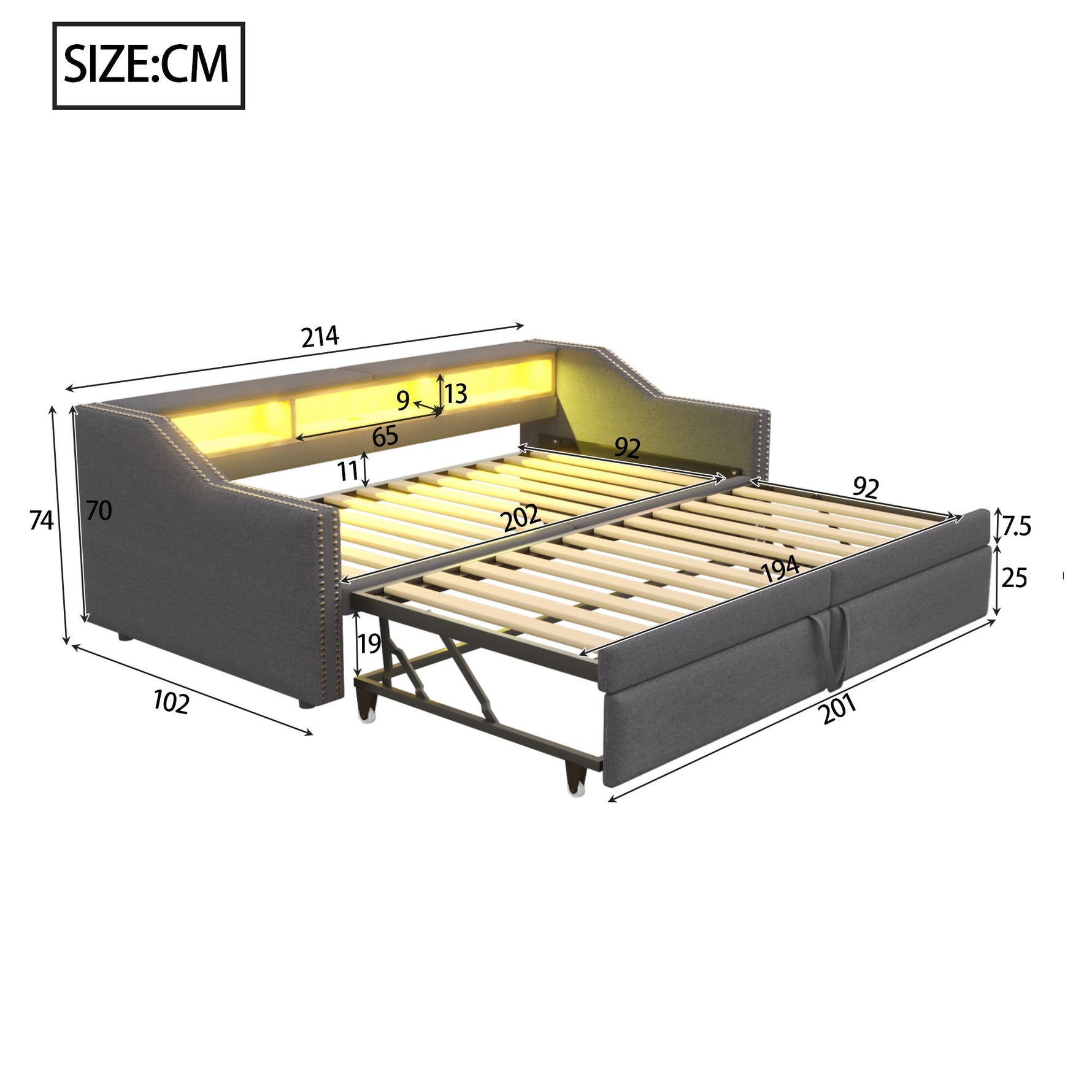 Upholstered Sofa Bed 90/180x200cm Extendable Storage LED USB - Dark Grey