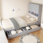Multifunctional Wooden Bed 90x200cm, LED Storage Headboard, Grey