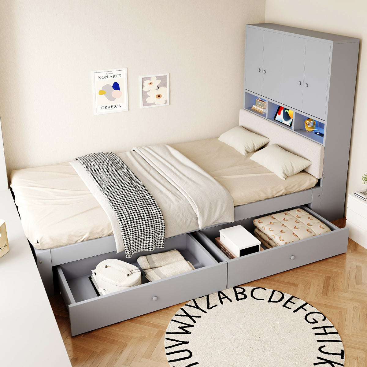 Multifunctional Wooden Bed 90x200cm, LED Storage Headboard, Grey