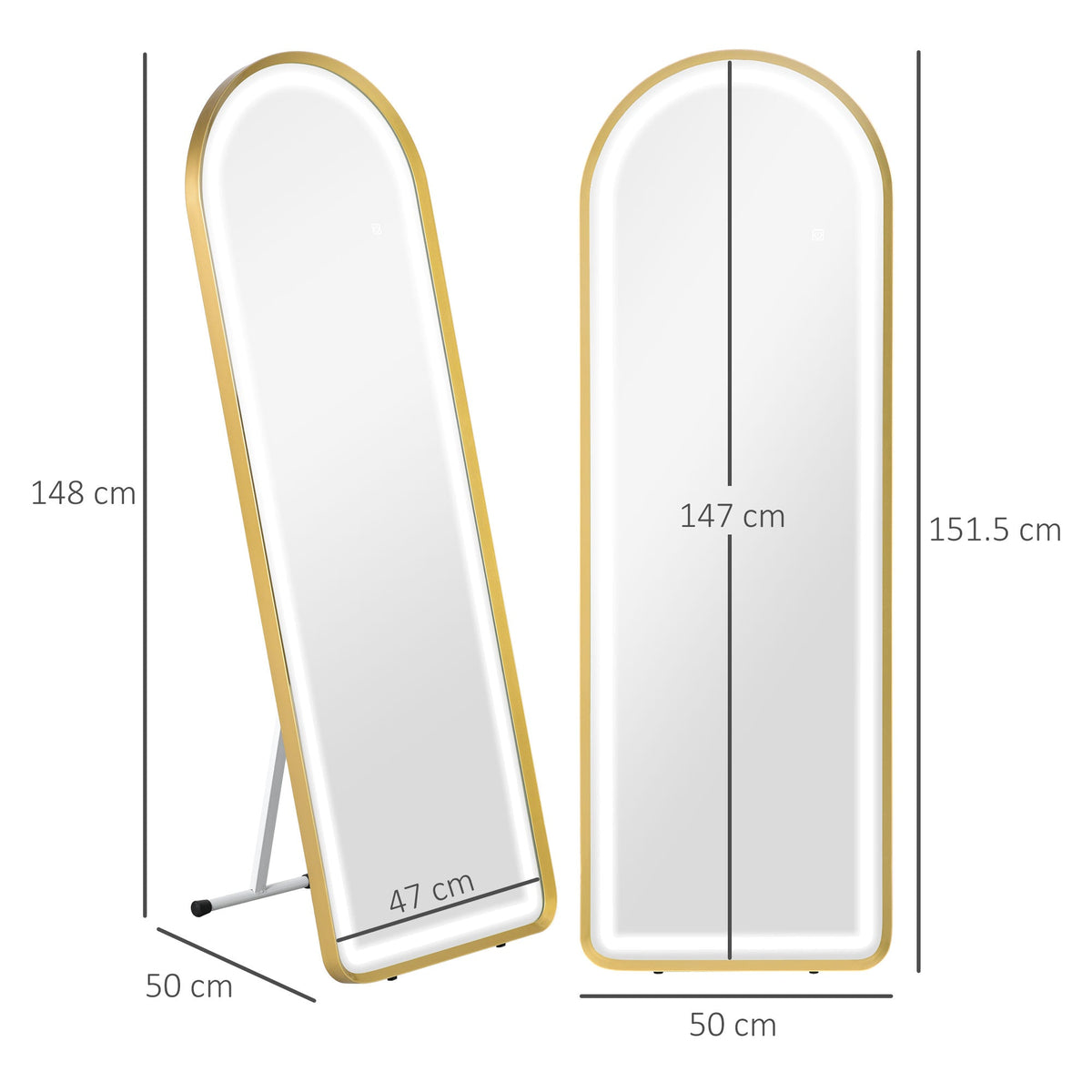 Full-Length Mirror, Dimmable LED, Wall & Standing, Touch Switch, Gold