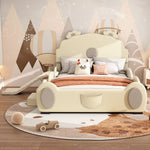 Bear Cartoon Bed for Children with Slide and Ladder, 140x200cm, Beige PU Leather
