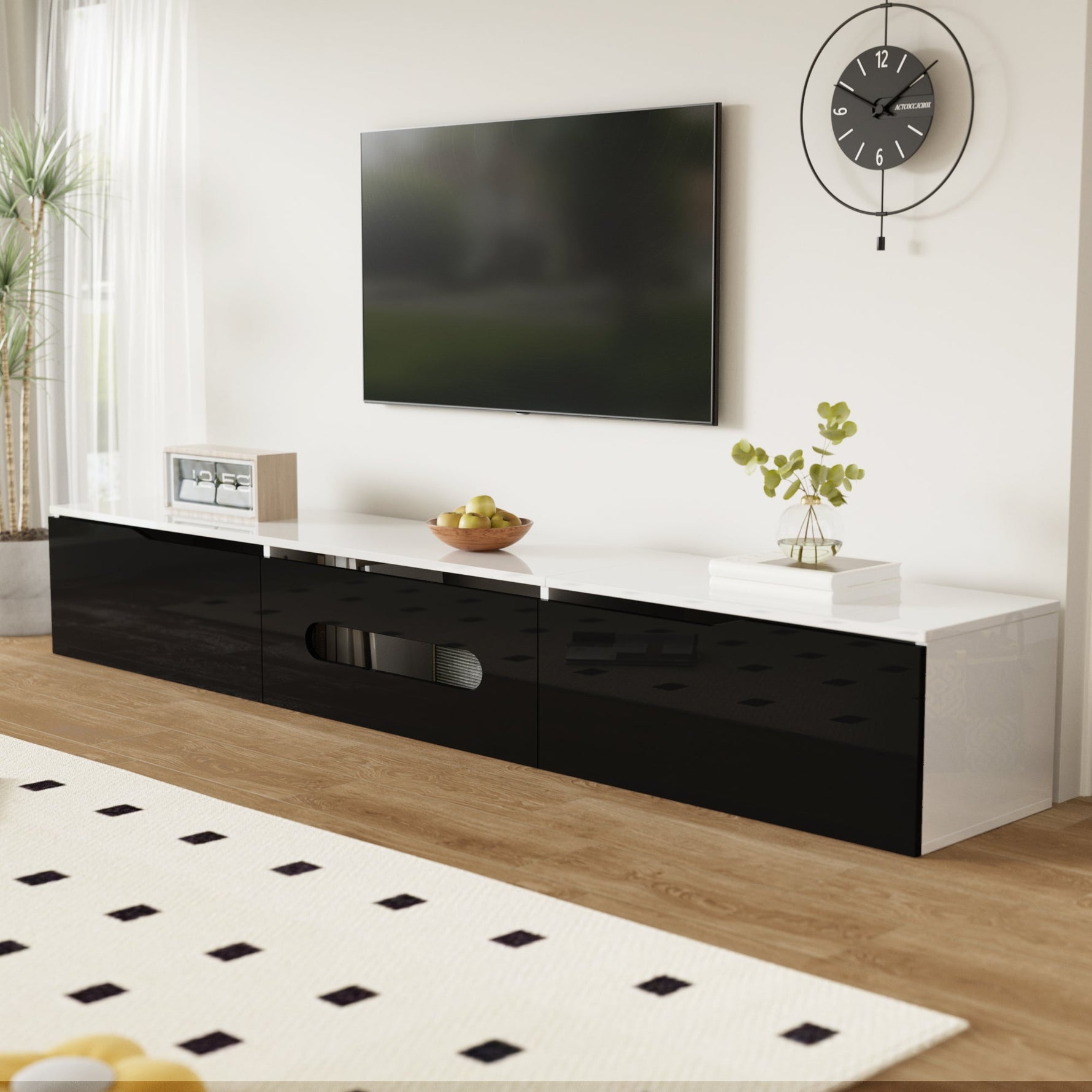 TV Cabinet 180cm High-Gloss LED Wall-Mountable Black/White