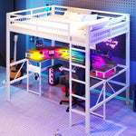 Loft Bed with Desk, LED Light Strip, USB Ports and Pegboard, White Metal Frame