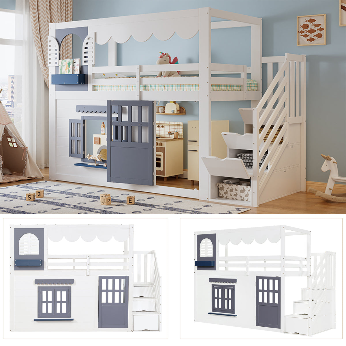 Children's Loft Bed 90x200cm with House Design & Storage, White