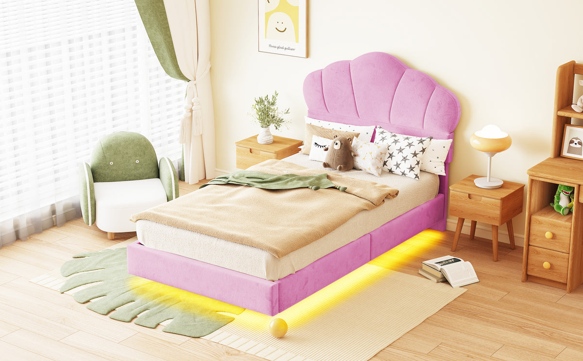 Upholstered Bed 90x200cm, Cloud Headboard & LED, Pink Velvet