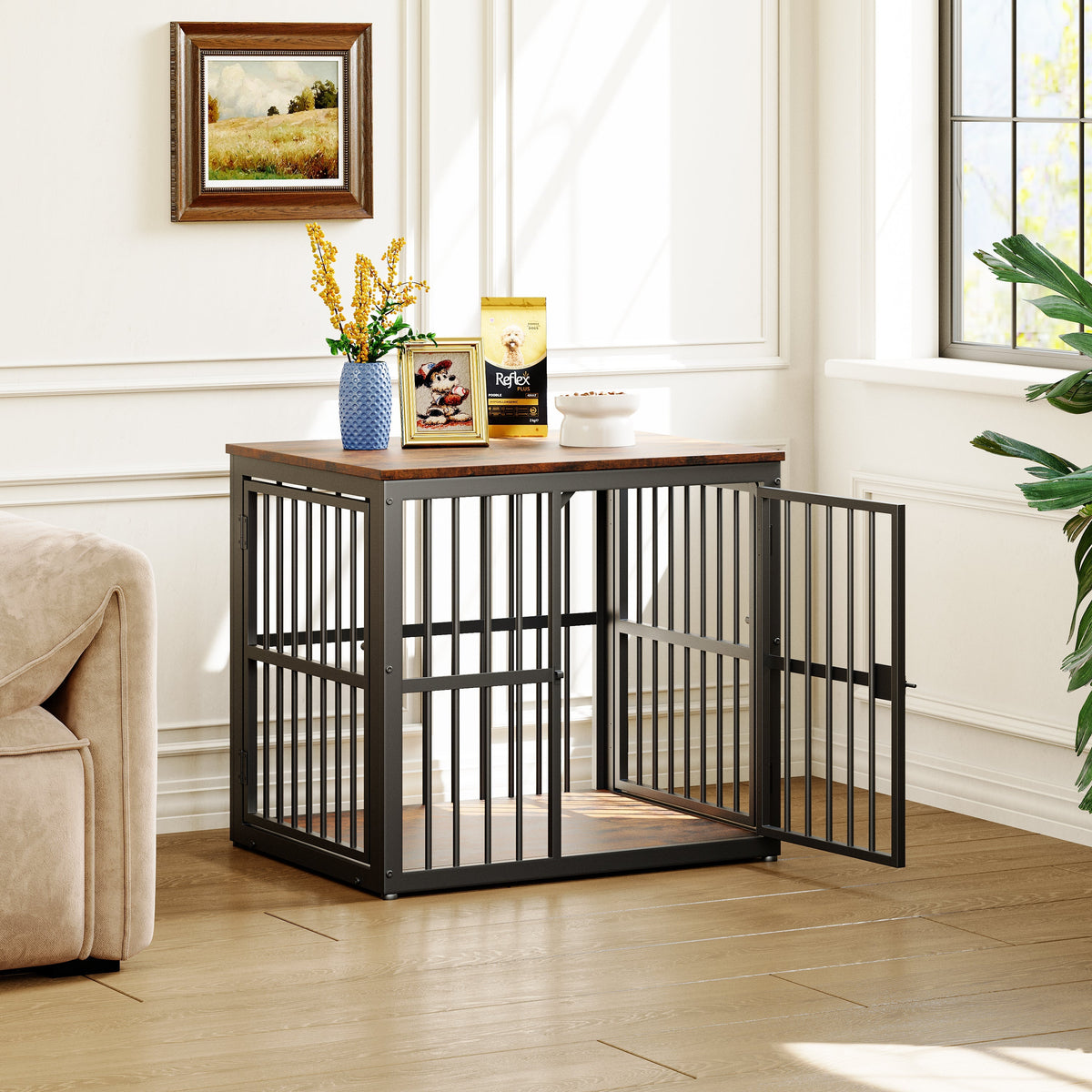 Modular Dog Crate Furniture 3 Doors Waterproof Top 2-in-1 Side Table Stackable - Retro Brown