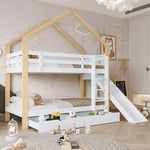 House Bunk Bed with Slide & 2 Drawers, 90x200cm, Solid Wood White