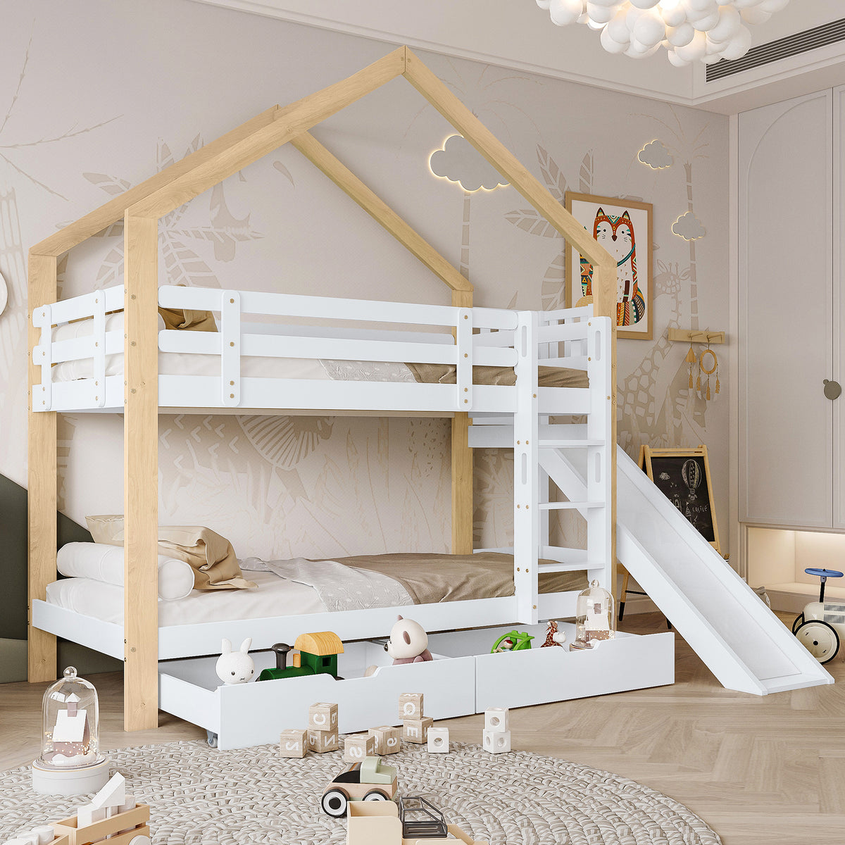 House Bunk Bed with Slide & 2 Drawers, 90x200cm, Solid Wood White