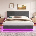 Modern Upholstered Bed with LED Lighting, USB-C and Storage, 160x200 Gray Corduroy