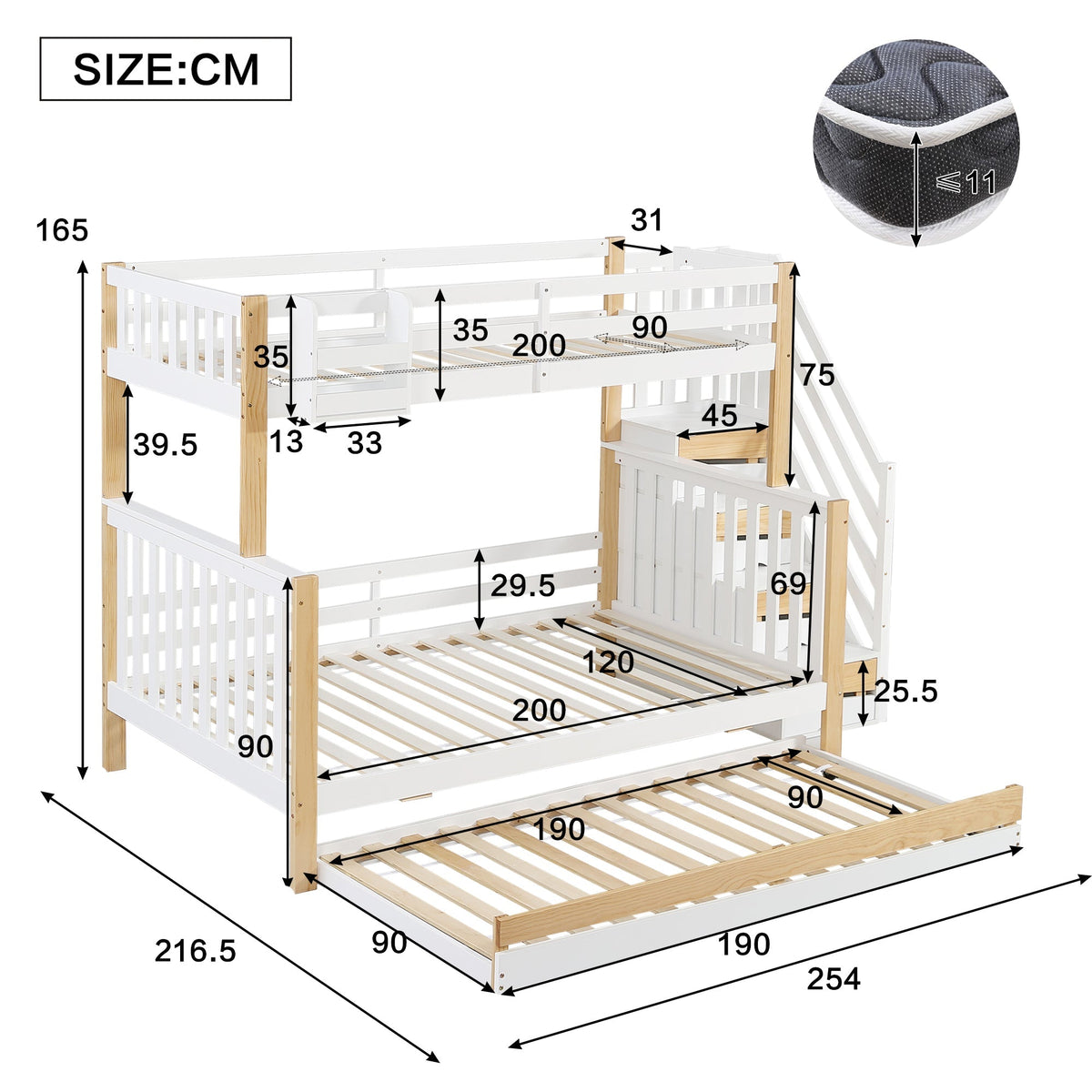 Bunk Bed, Trundle & Corner Stairs, Pine + MDF, White + Natural