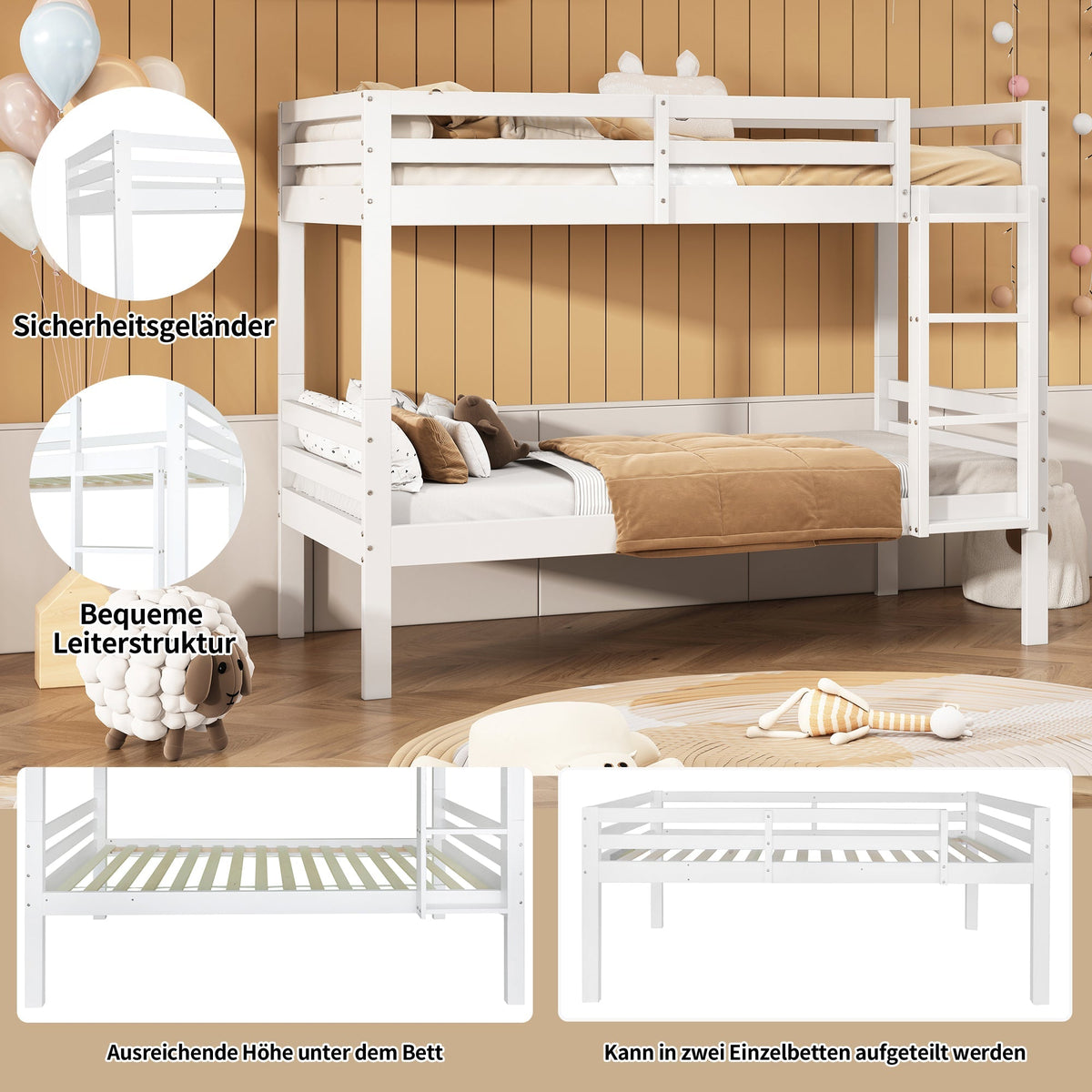 Bunk Bed for Children, Angled Ladder Fall Protection Divisible 2 Single Beds, Pine Frame White 90x200cm