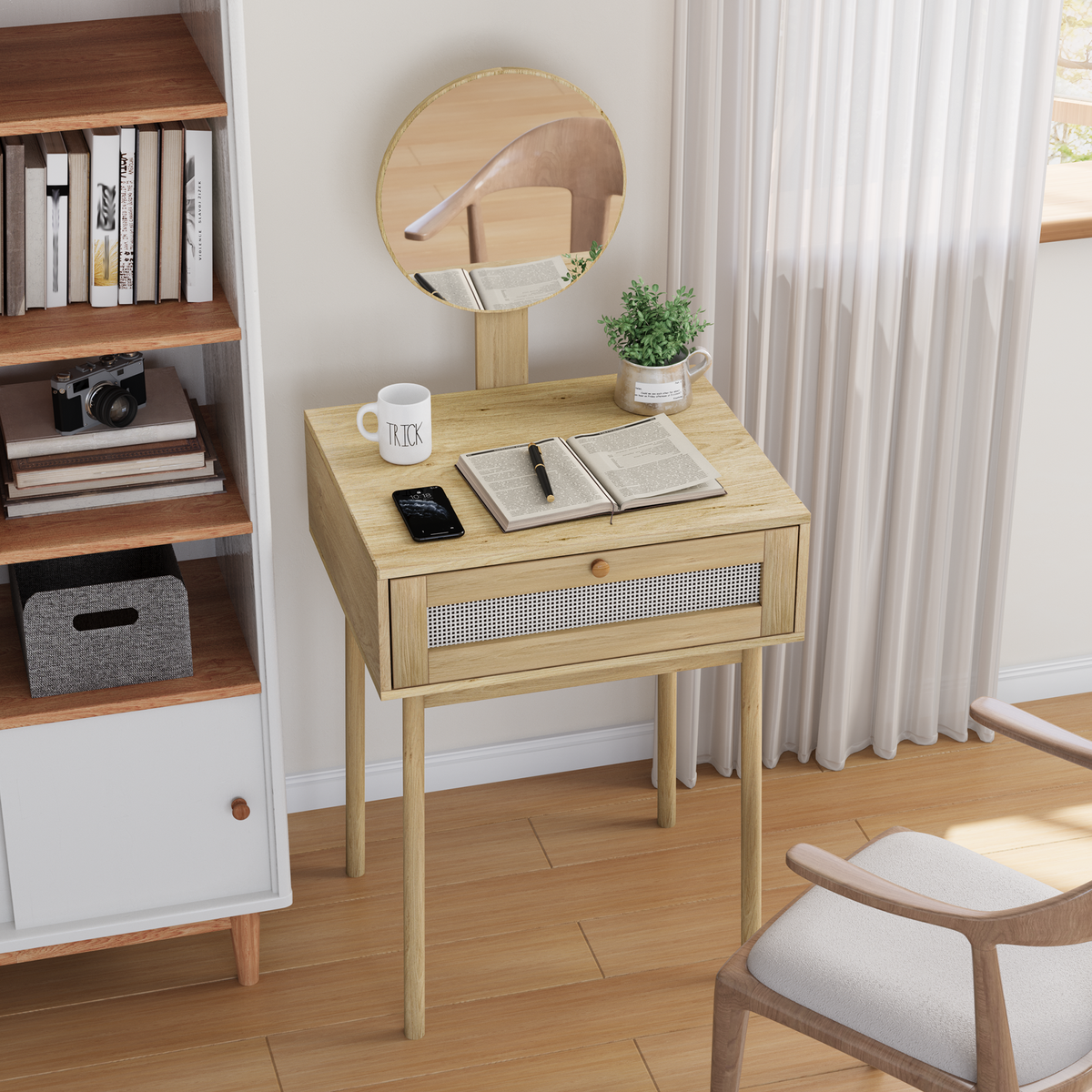 Compact Dressing Table with Mirror for Small Rooms, Rattan