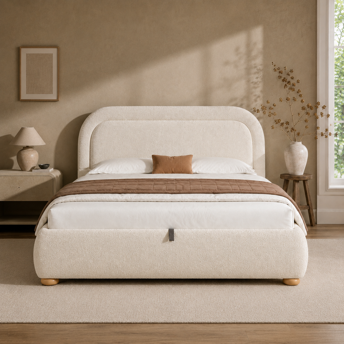 Upholstered Double Bed 140x200 cm with Storage, Beige Bouclé