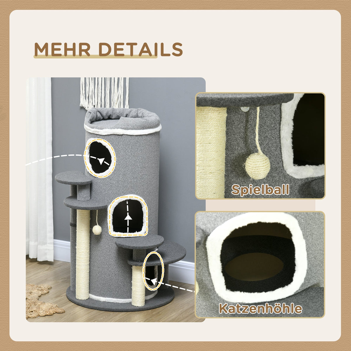 Cat Scratching Barrel 99cm with Bed & Play Ball, Grey