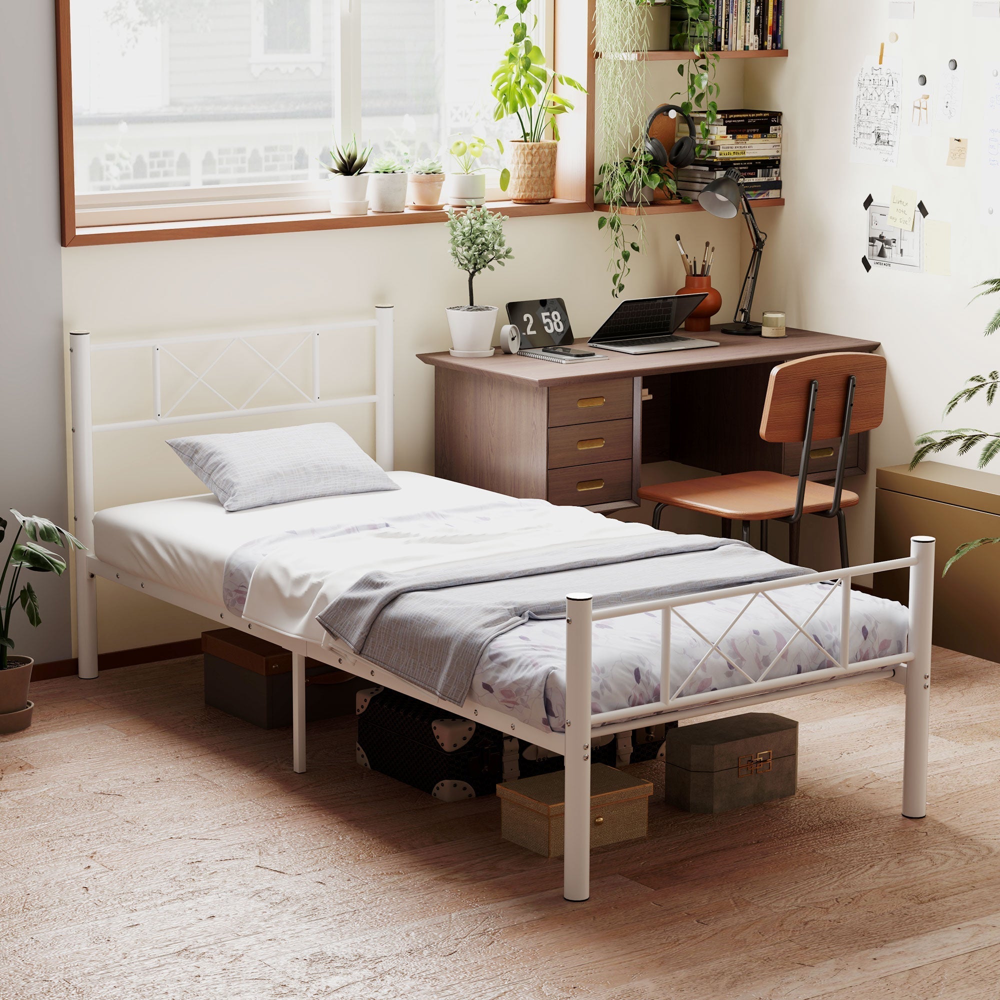 Bed Frame, 200 x 90 cm, 88 cm High, Single, Steel, White