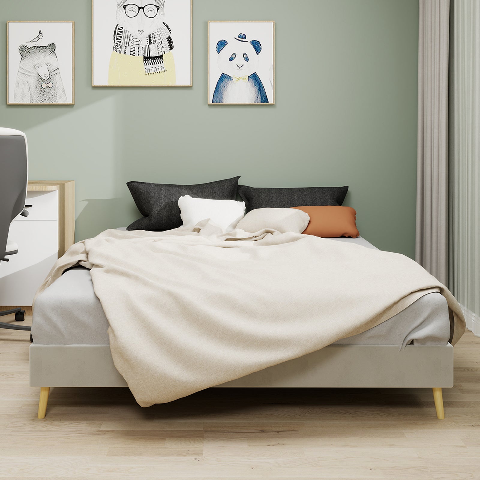 Modern Minimalist Bed Frame, Low-Profile 160x200 cm, Beige Dutch Velvet