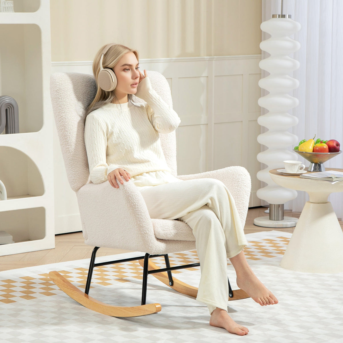 Rocking Chair, Armrests Lumbar Cushion Wooden Base, Cream White Teddy Fabric