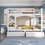 Children's Bunk Bed Multifunctional Double Bed with Desk, Shelf, 2 Drawers, Solid Wood White