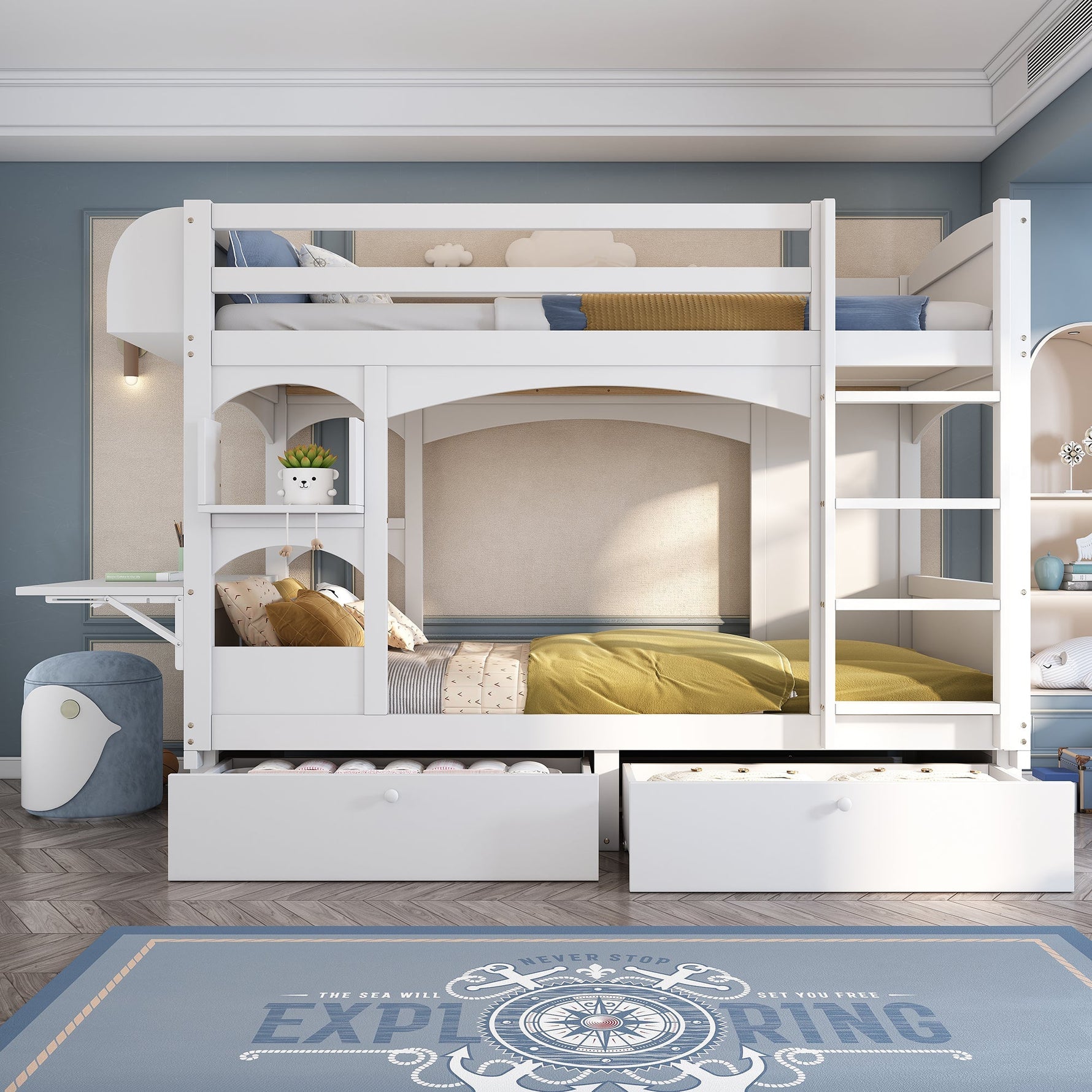 Children's Bunk Bed Multifunctional Double Bed with Desk, Shelf, 2 Drawers, Solid Wood White