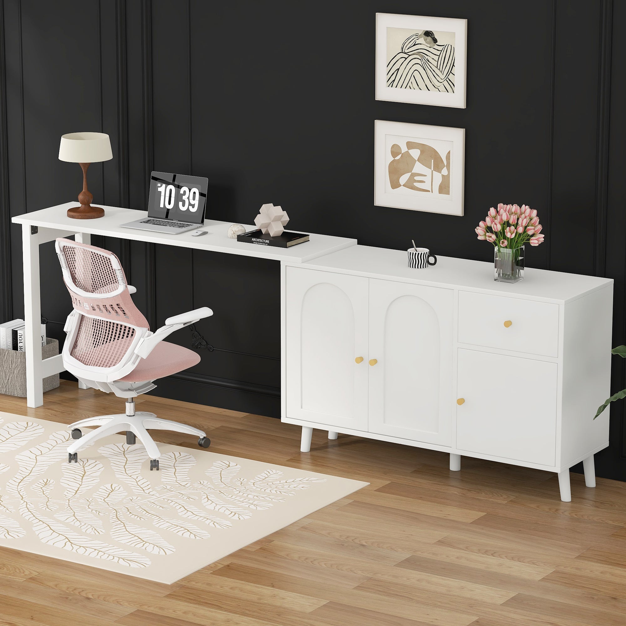 Desk & Sideboard, 2-in-1 360° Rotatable with 3 Doors & 1 Drawer