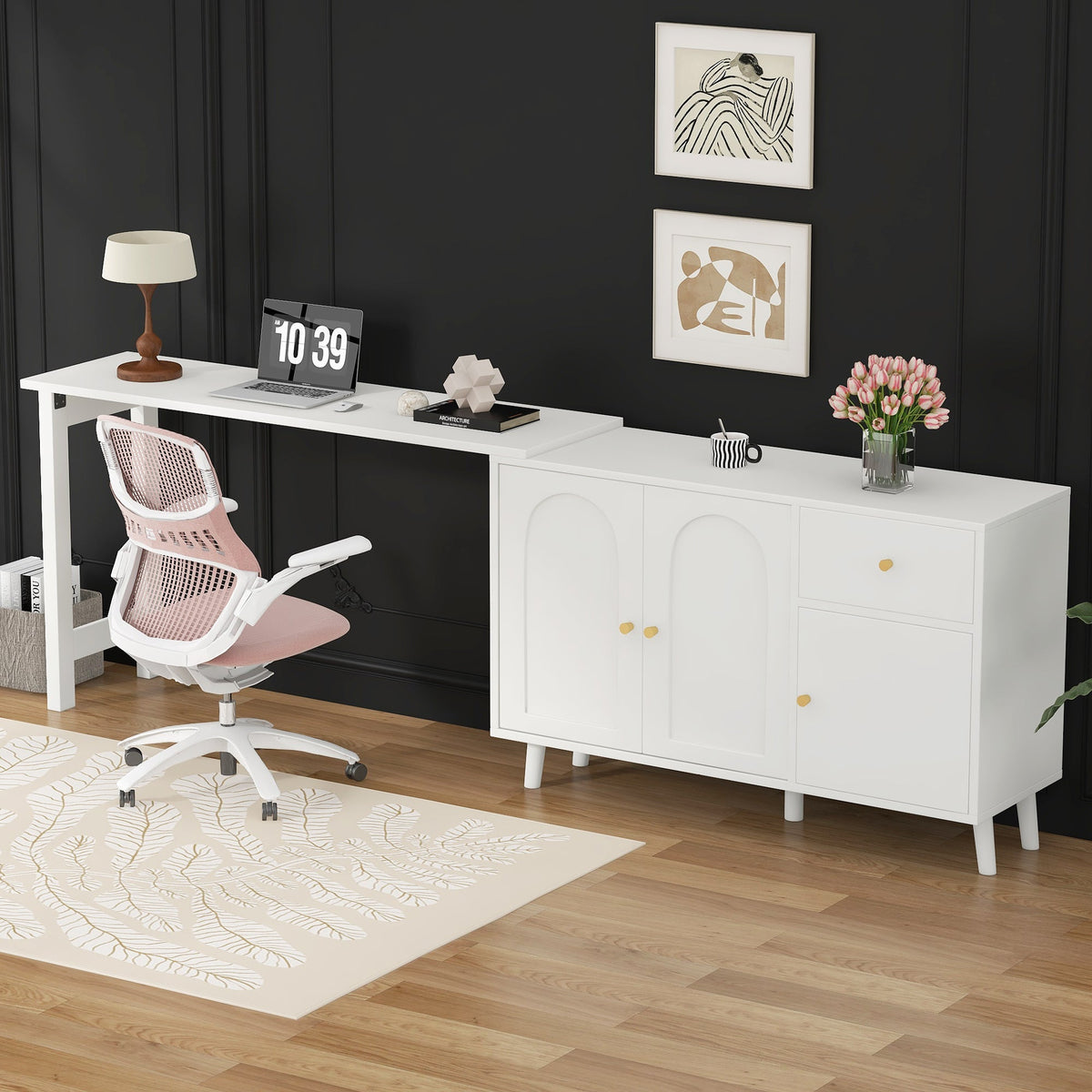 Desk & Sideboard, 2-in-1 360° Rotatable with 3 Doors & 1 Drawer