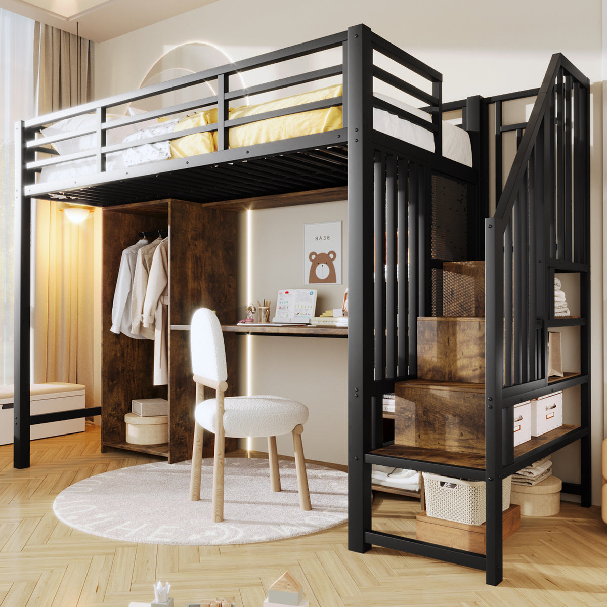 Loft Bed 90x200 cm with Wardrobe, Desk & Storage, Black Iron Frame