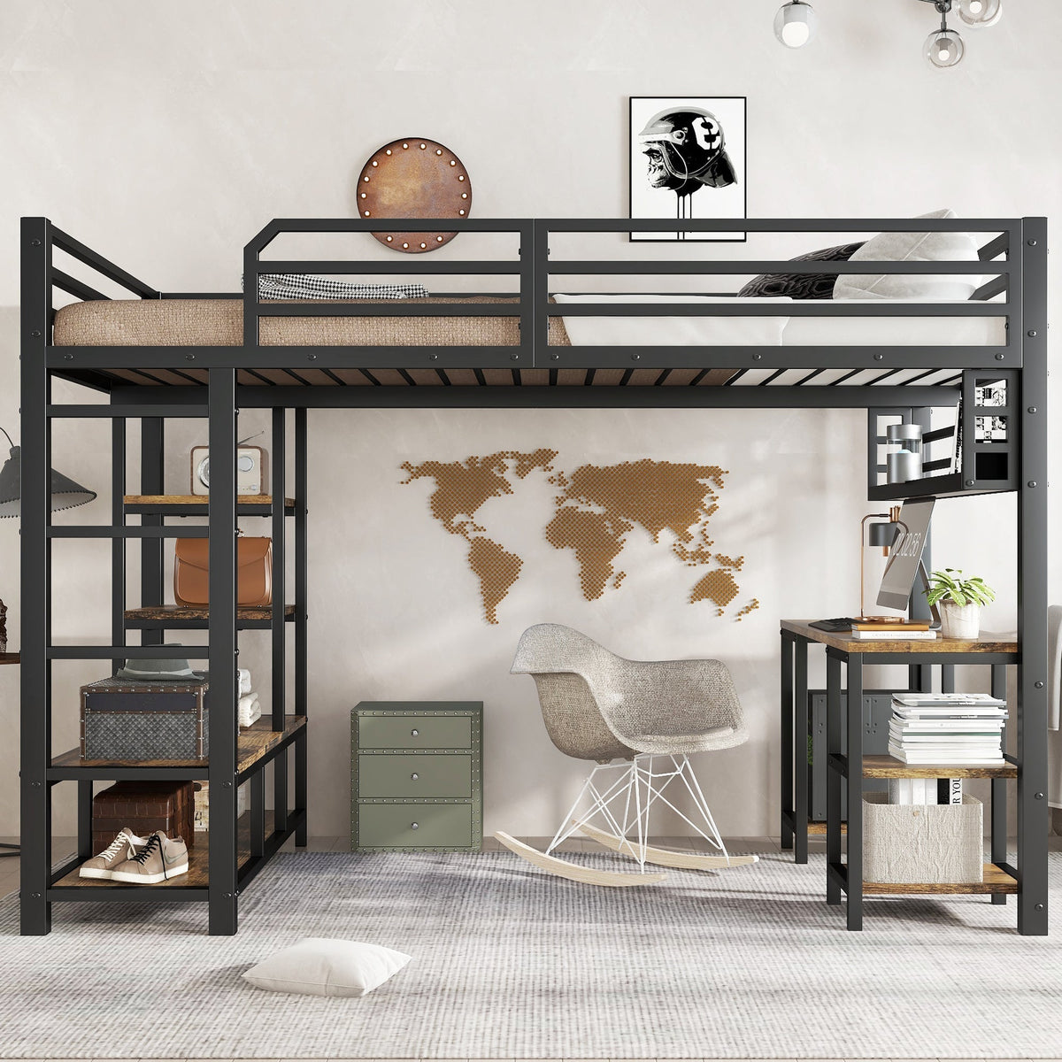 Loft Bed with Desk, Storage, Sturdy Slats, 4-Step Ladder, 120x200cm, Iron + Chipboard Black/Dark