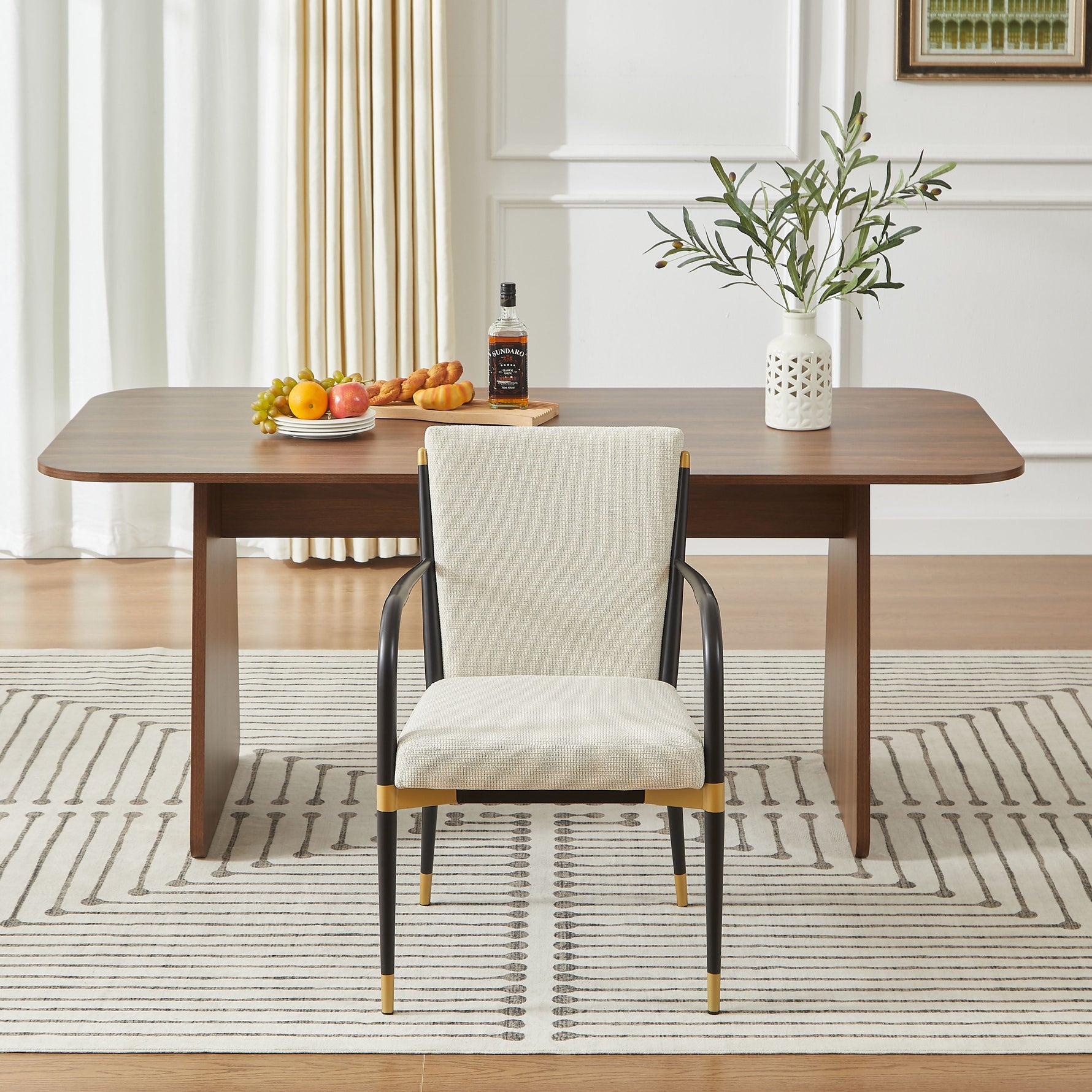 Set of 2 Dining Chairs Modern Scandinavian Upholstered Armrests - Cream Fabric