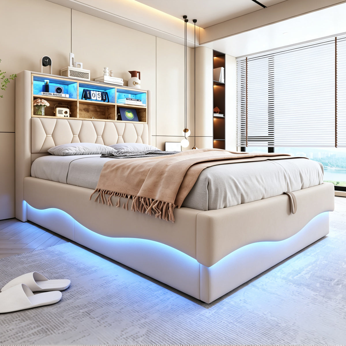 Upholstered Bed 140x200 with Storage & LED, Beige Linen