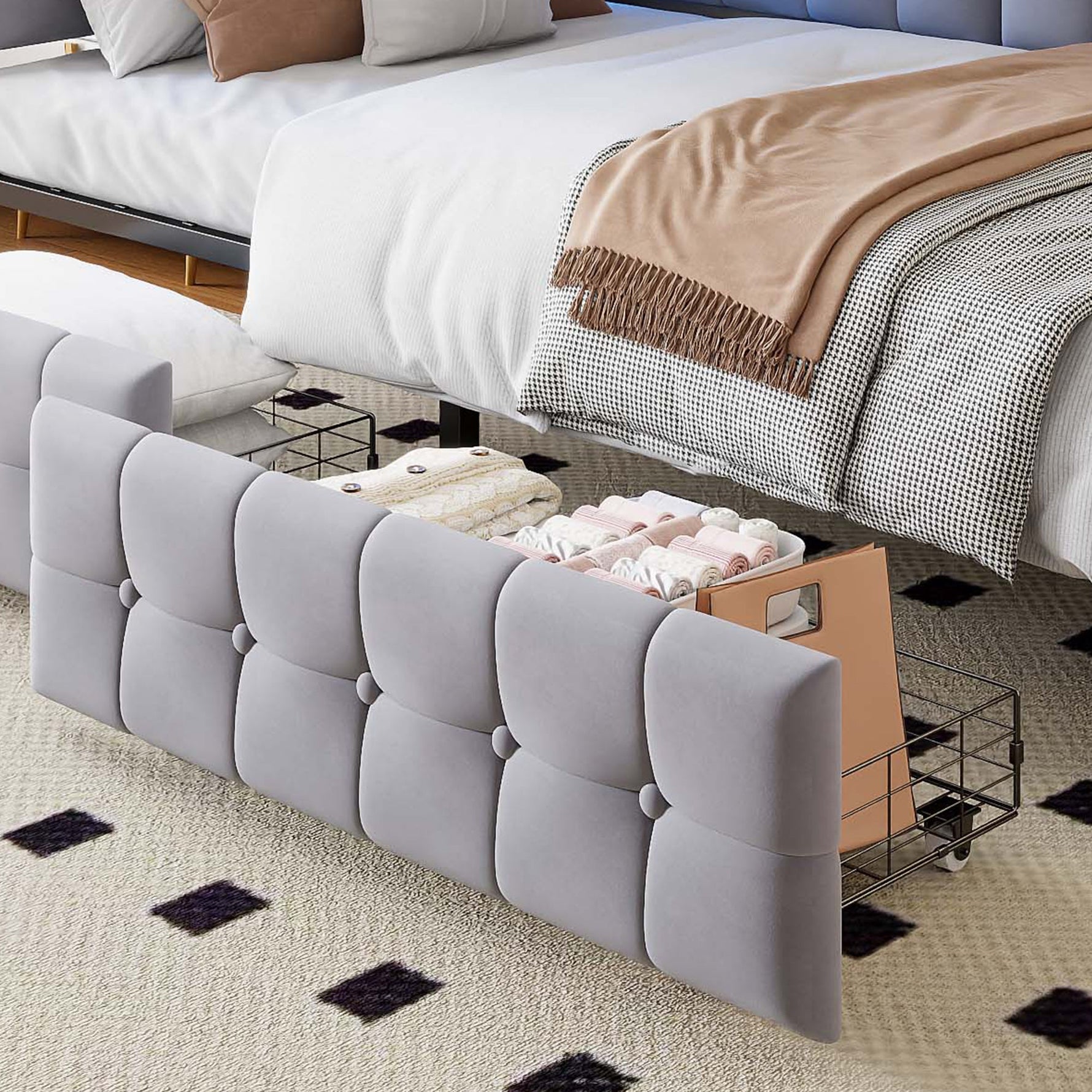 Upholstered Sofa Bed 90x200cm Drawers LED USB Grey