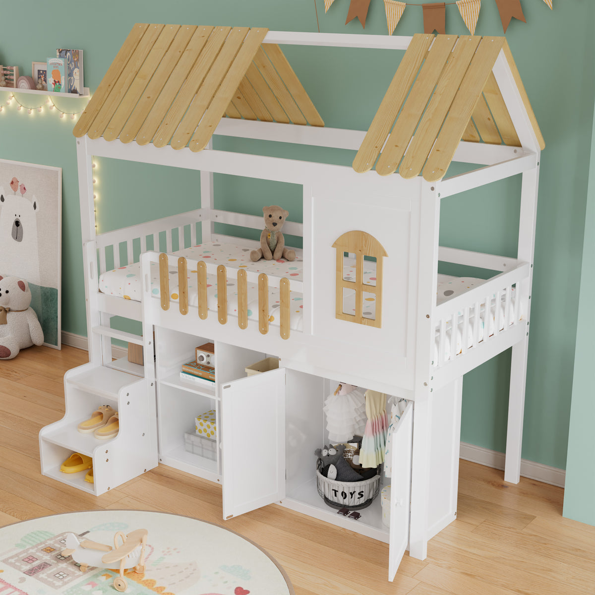 Bunk Bed with Wardrobe & Shoe Rack 90x200cm, White & Natural Pine