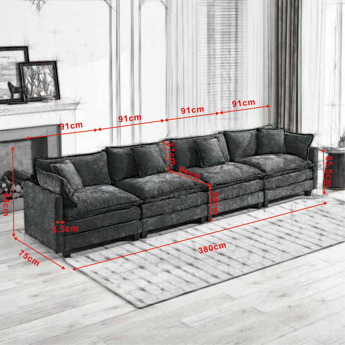 Cloud Sofa 4 Seats, Modern Sectional Couch with Double Layer Cushions, Black Chenille Fabric