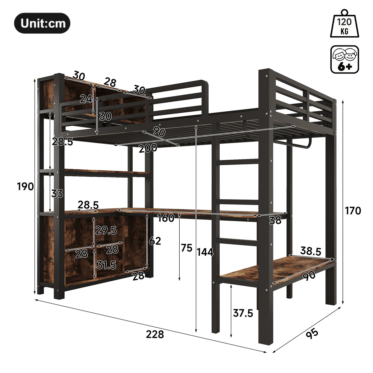 Loft Bed 90x200 cm with Desk, Shelves & Clothes Rack, Black