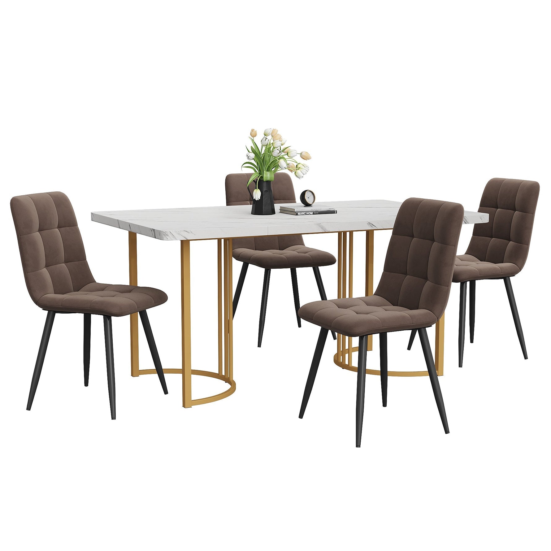 5-Piece Dining Set Modern 140x80cm Table 4 Chairs Gold Legs White MDF Brown Velvet