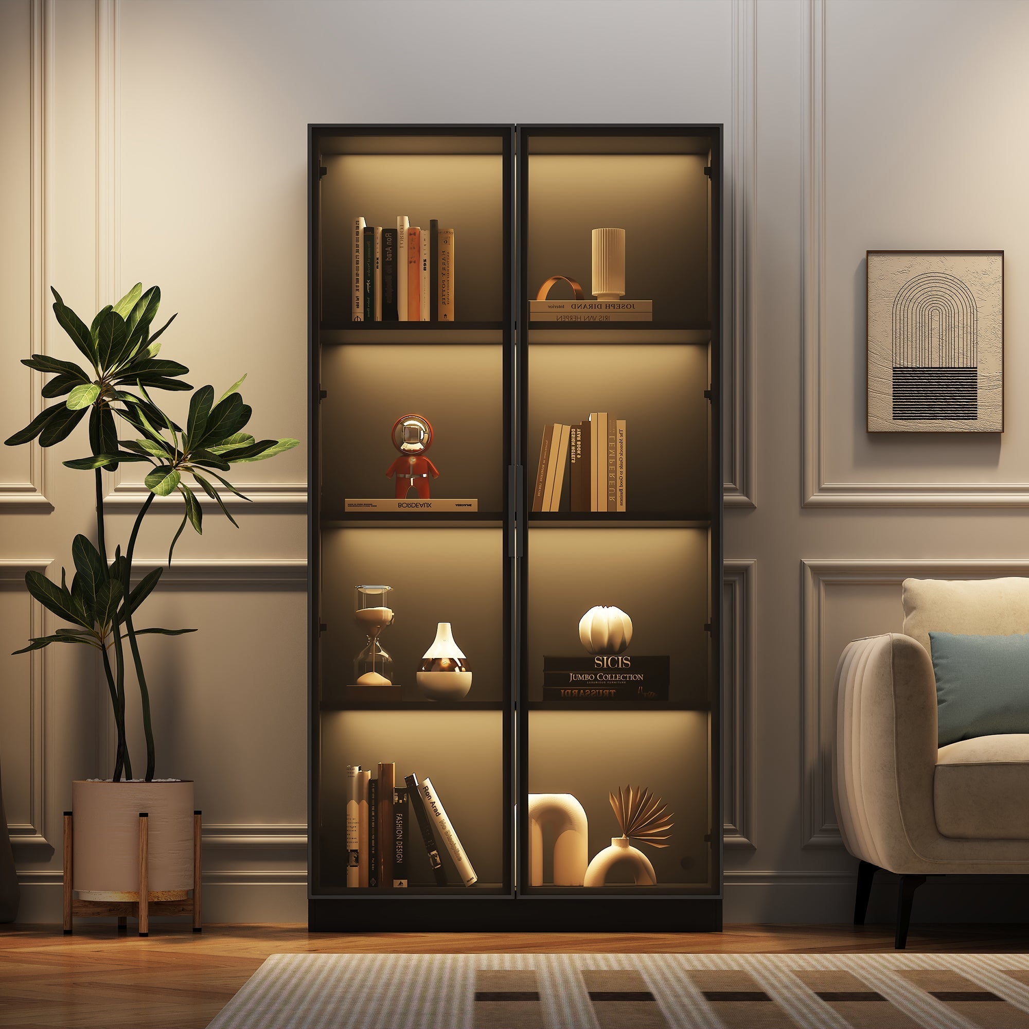 Glass Display Cabinet, Double-Door Adjustable Shelves 80x40x160cm, App-Controlled LED Lighting