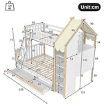 Bunk Bed 90x200cm/140x200cm, House Rail, Ladder, 2 Drawers, White + Natural Wood
