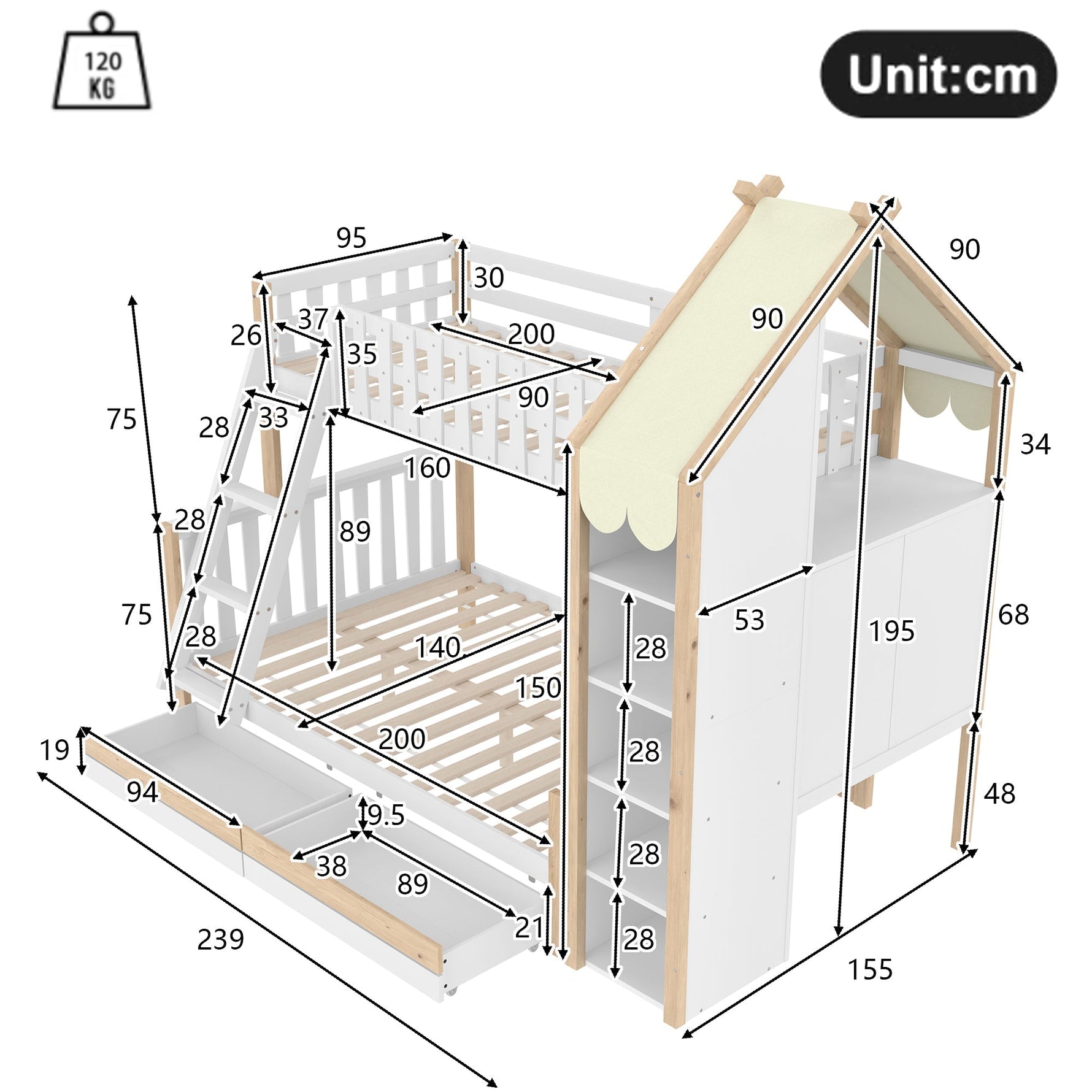 Bunk Bed 90x200cm/140x200cm, House Rail, Ladder, 2 Drawers, White + Natural Wood