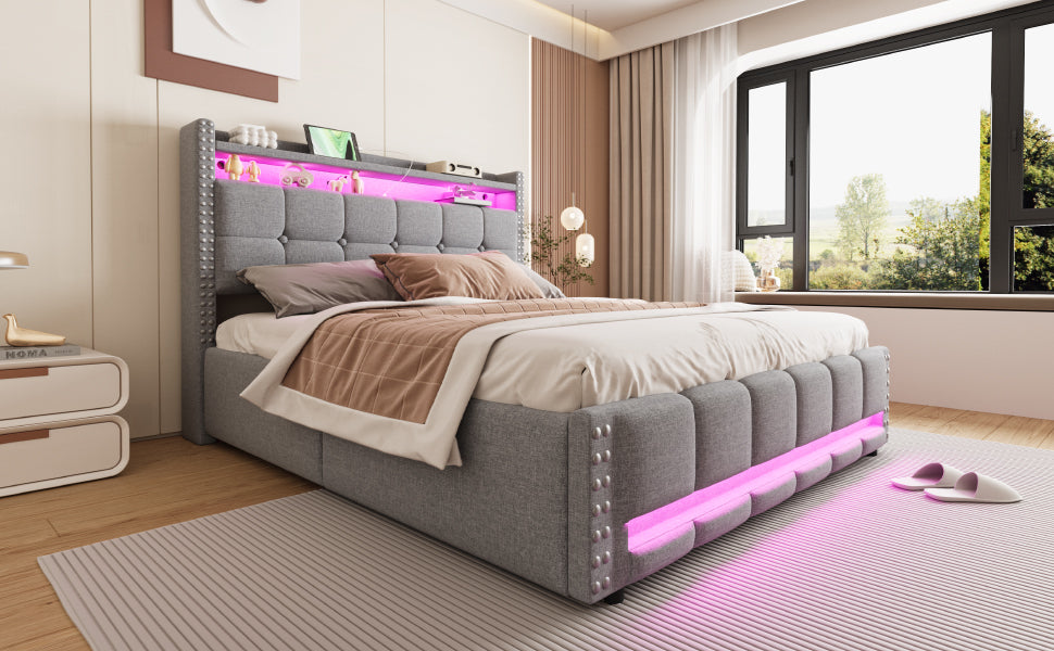 Upholstered Bed 160x200cm LED USB Hydraulic Storage Light Grey Linen Fabric