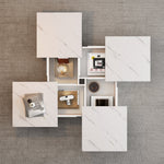 Modern white square coffee table, 90 x 90 x 25 cm with four drawers, sliding tabletop, 30 kg load capacity, marble look