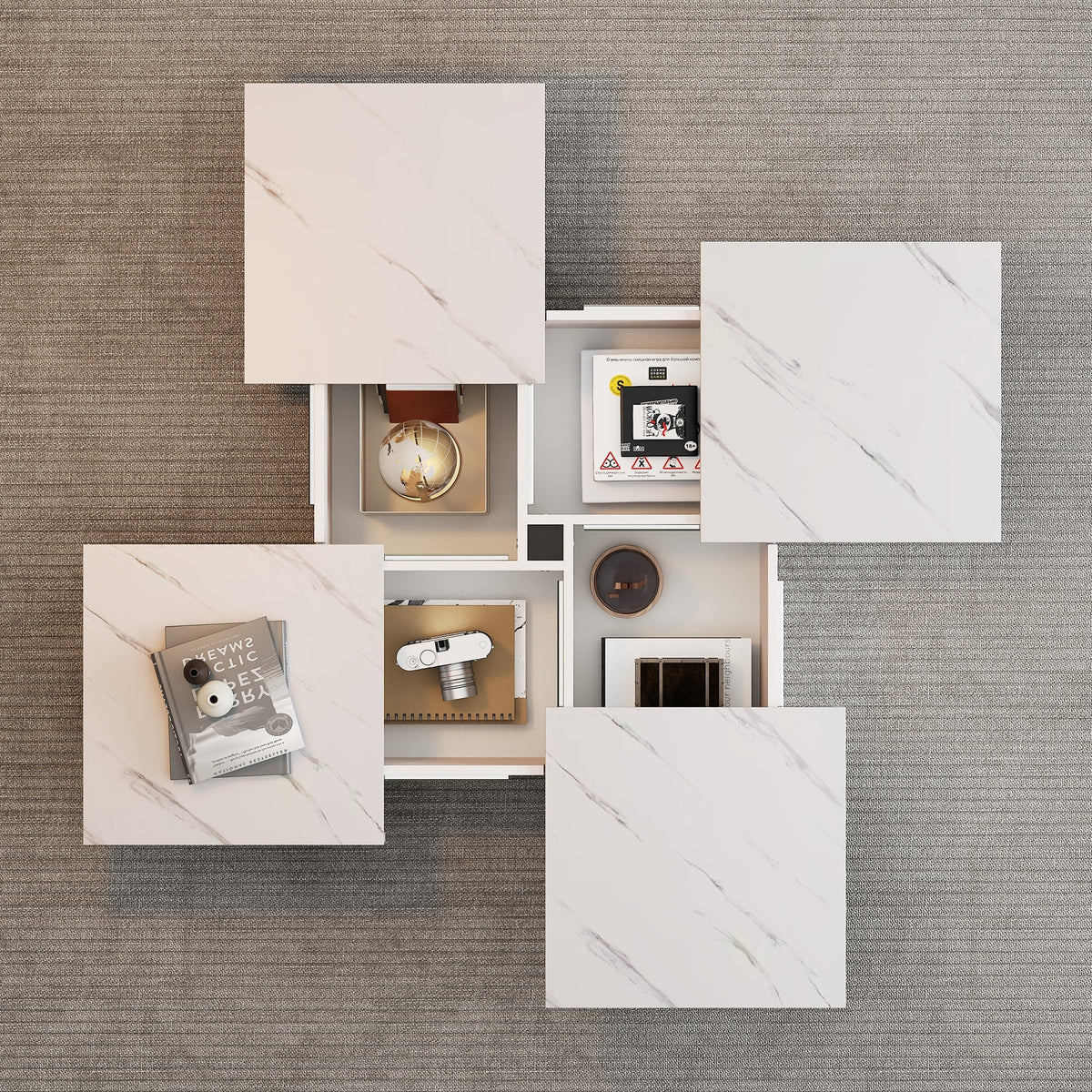 Modern white square coffee table, 90 x 90 x 25 cm with four drawers, sliding tabletop, 30 kg load capacity, marble look